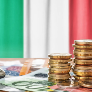 Euro banknotes and coins in front of the national flag of Italy